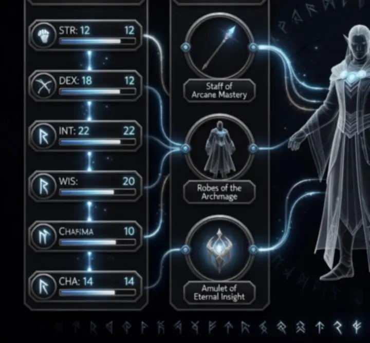 Fantasy RPG character build stat dashboard with attributes, equipment, and skill breakdown.