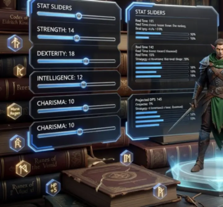 Character customization panel showing fantasy hero appearance and stats