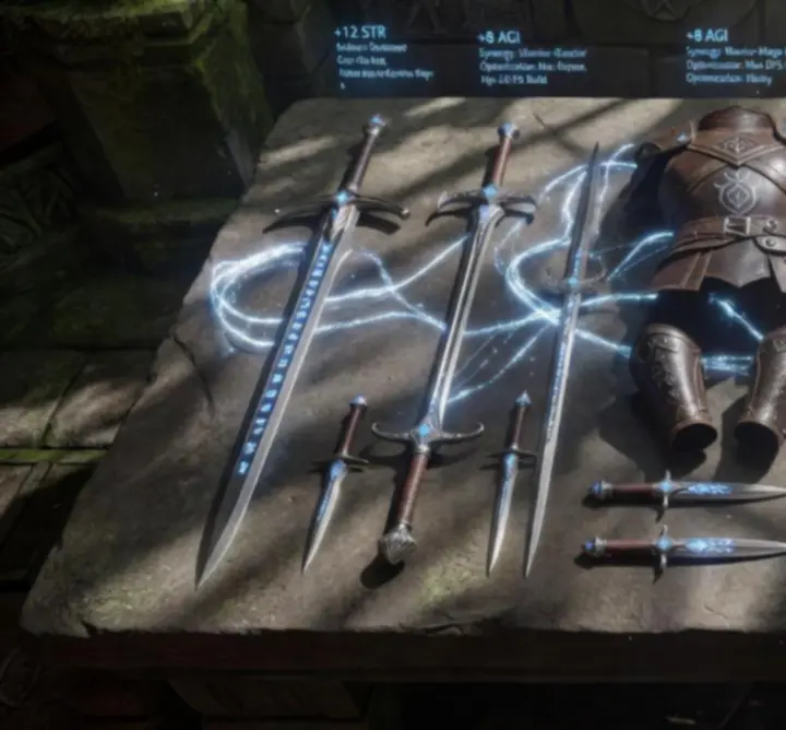 Fantasy RPG weapons and armor arranged on a glowing stat-engraved table.