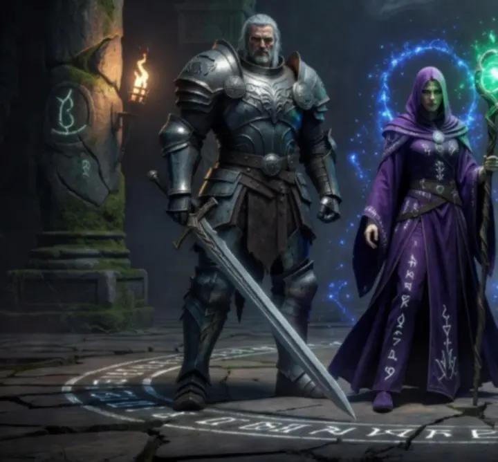 Lineup of fantasy RPG classes standing in formation: warriors, mages, rogues, and hybrids ready for battle.