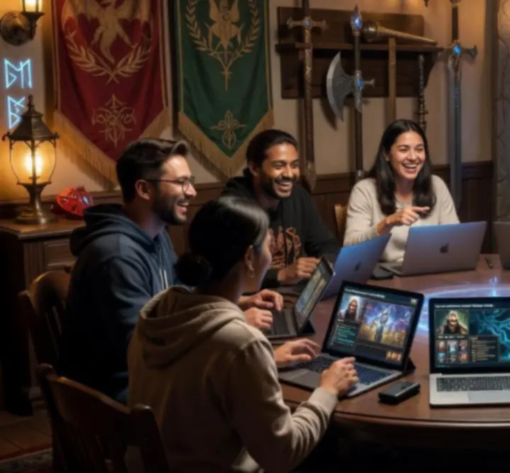 Fantasy gaming group gathered around glowing tactical maps and character sheets