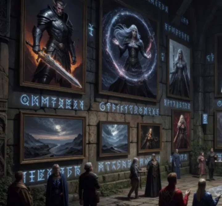 Wall of dark fantasy fan art inspired by RPG characters and magic