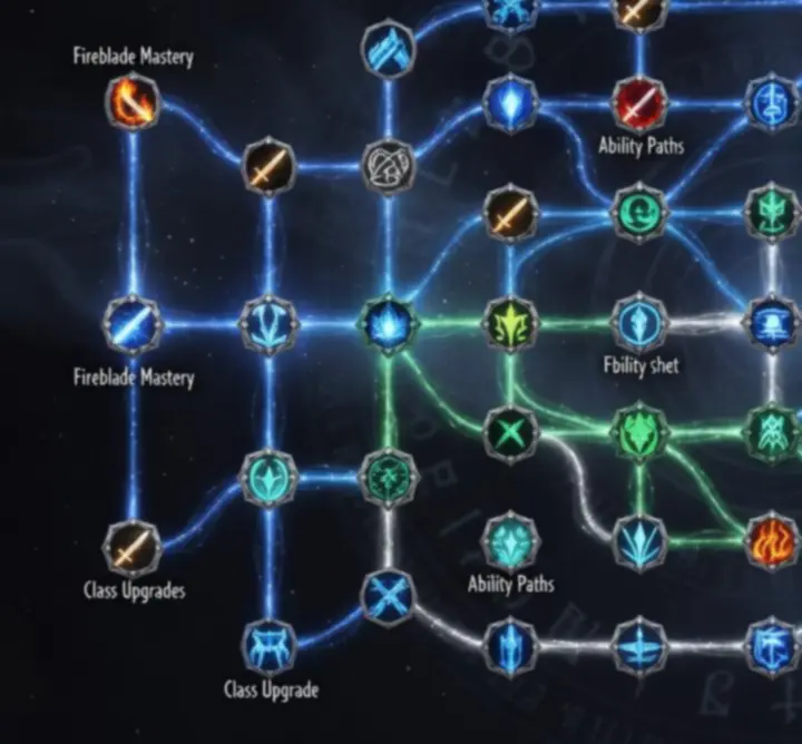 Dynamic fantasy RPG skill tree interface with branching paths and glowing nodes