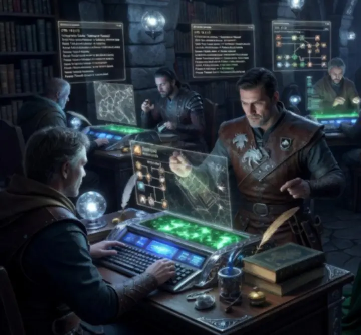 Dark fantasy gaming forum scene with players discussing RPG builds and strategy