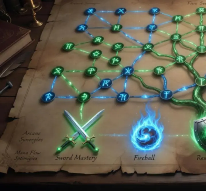 Analytical fantasy skill tree visual showing interconnected abilities and progression routes.