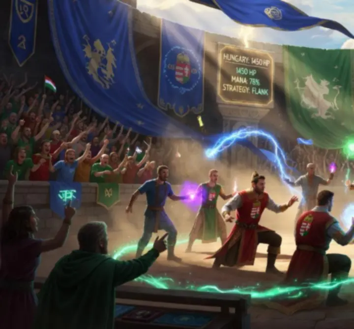 Fantasy RPG tournament stage with glowing arena and characters facing off