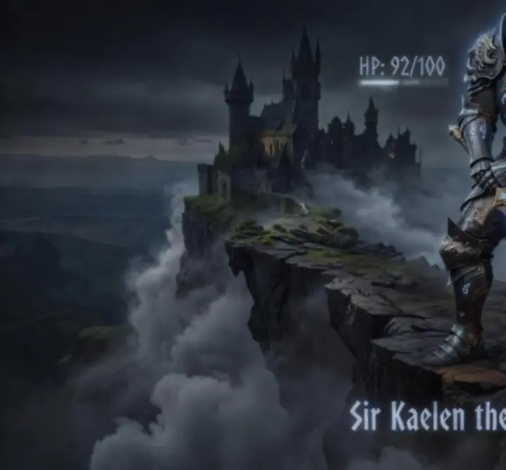Armored fantasy knight channeling glowing magic stats in a dark-fantasy battlefield