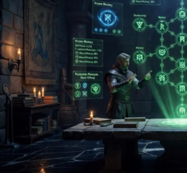 Immersive fantasy skill tree and stat dashboard visualizing character builds and progression