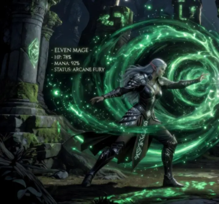 Magical combat duel scene between two fantasy characters casting powerful elemental spells.
