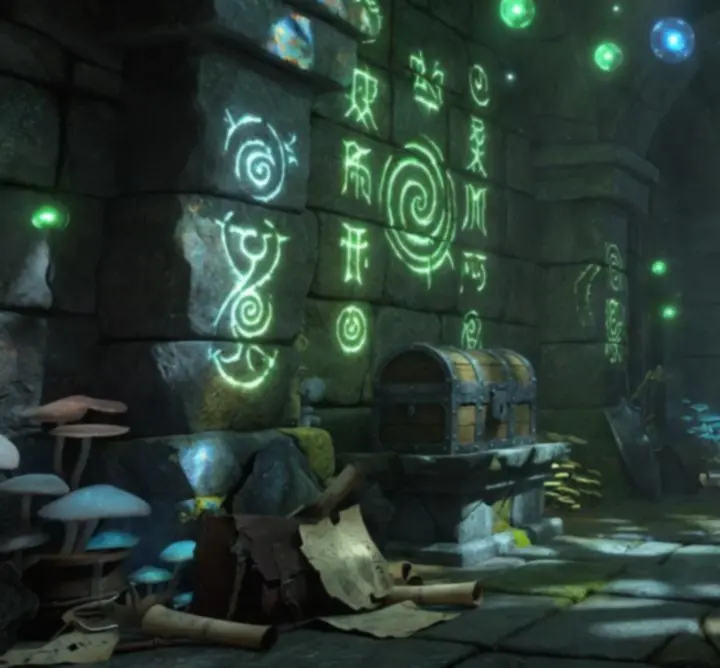 Magical fantasy dungeon environment echoing Path of Exile's dark Wraeclast dungeons