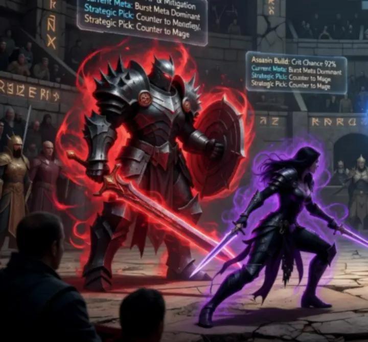 Fantasy arena scene showing meta RPG builds clashing in tactical combat.