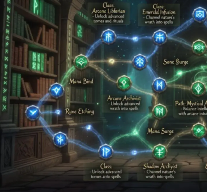 Glowing fantasy skill tree interface showing branching character progression paths.