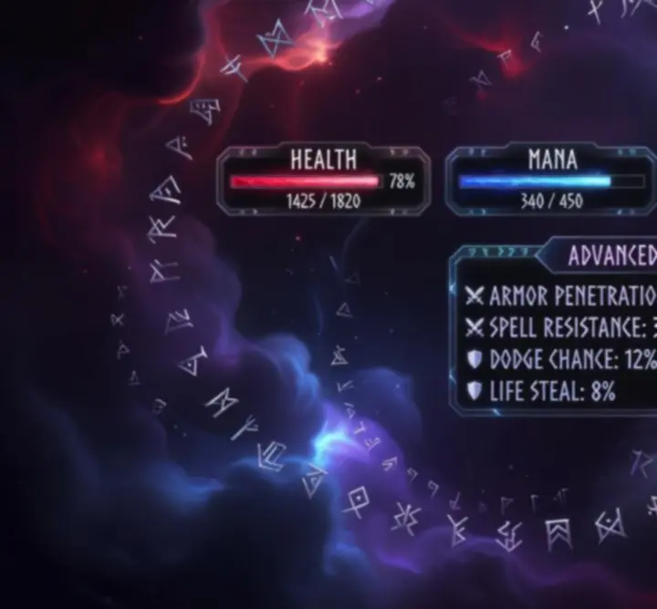 Glowing analytical dashboard with fantasy character stats, charts, and progression tracking widgets.