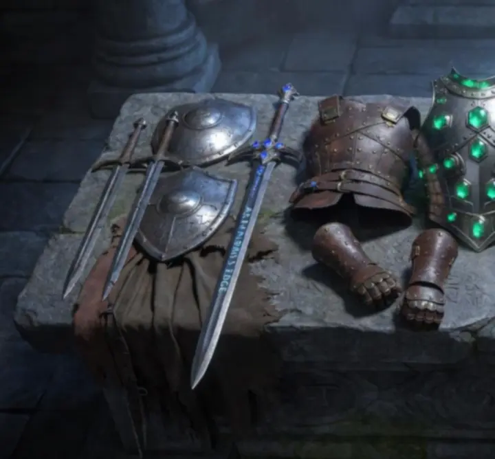 Fantastical weapons and armor displayed on a dark magical forge, symbolizing gear progression.