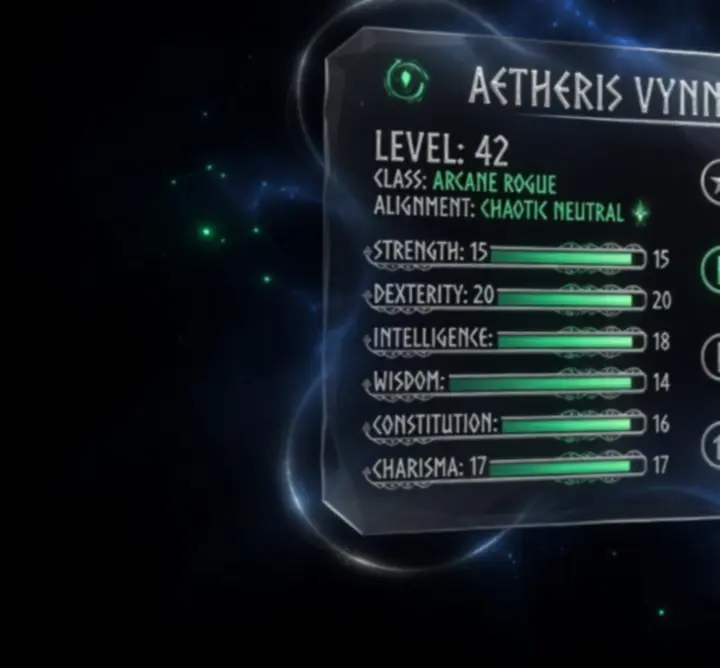 Fantasy RPG stat dashboard interface showing analytical character stats and ratios.