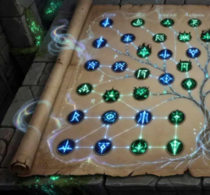 Fantasy RPG skill tree glowing with interconnected abilities and paths.
