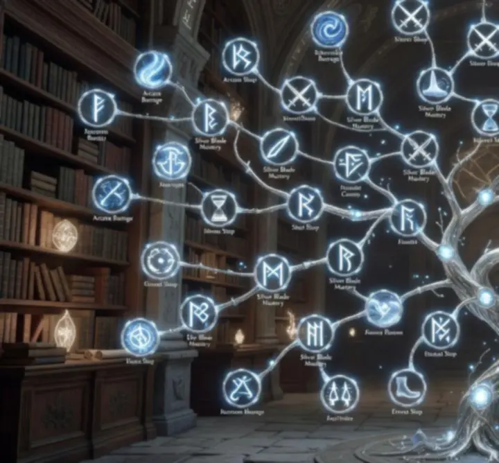 Glowing fantasy skill tree with branching magical abilities