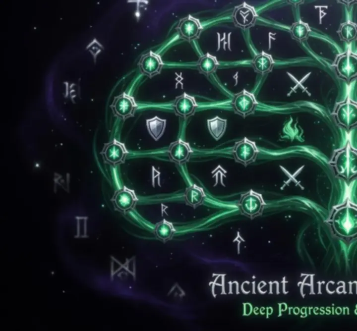 Emerald-hued fantasy RPG skill tree with branching paths and glowing stat nodes.