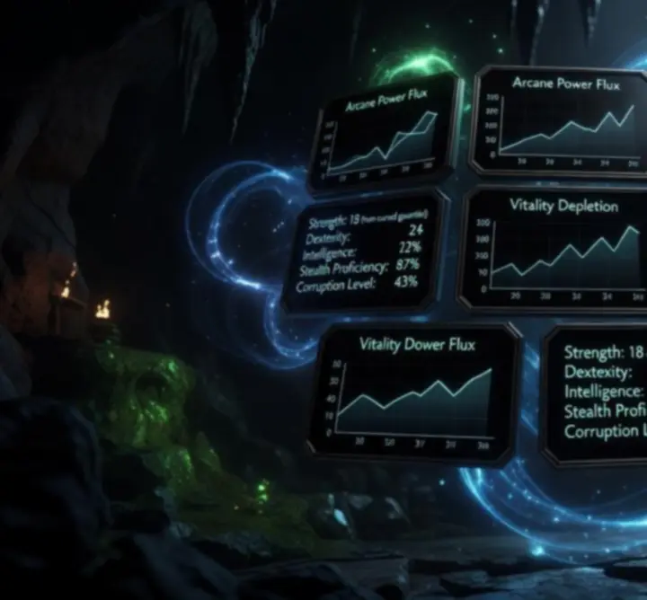 Analytical fantasy stat dashboard with glowing magical attributes and charts