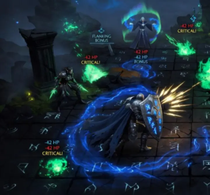 Tactical combat scene with fantasy characters on a grid using magic and weapons